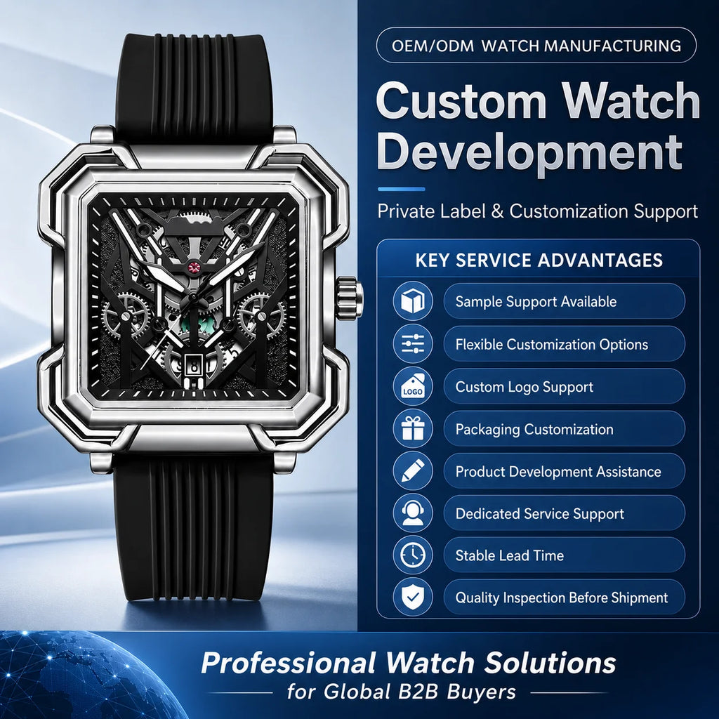 Outdoor Sports Fashion Quartz Luminous Waterproof Alloy Case Silicone Band 42mm Mens Watch Square Hollow-Out Design Cross-Border