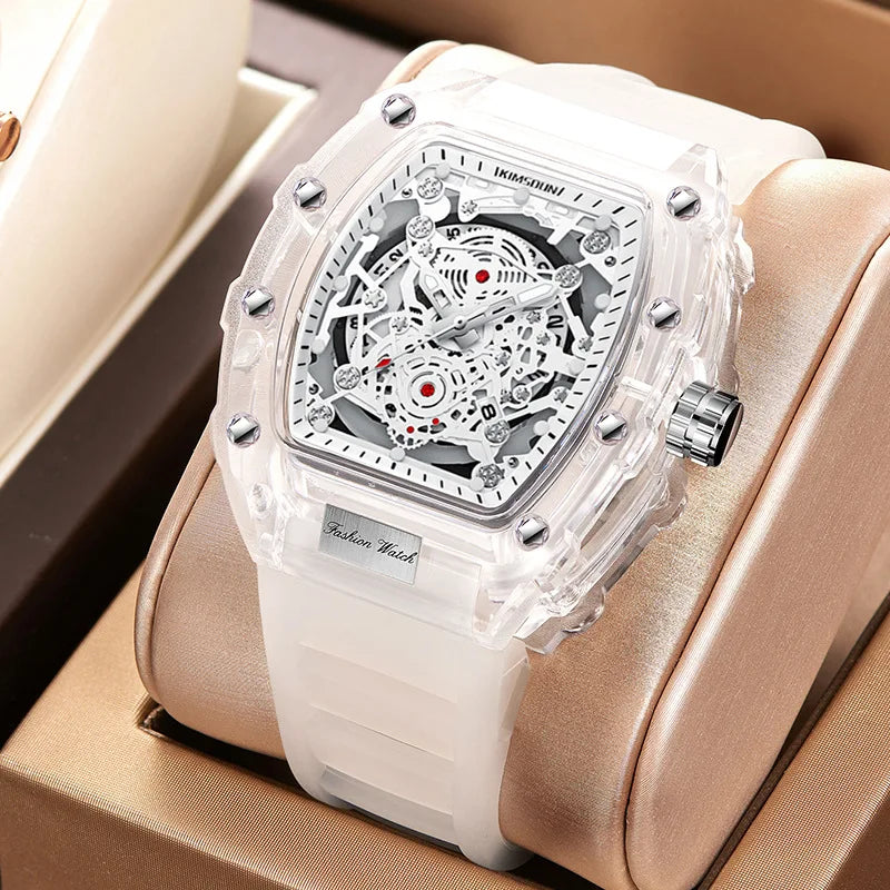 Fashion Personalized Barrel-shaped Quartz Watch Silicone Pointer Luminous Transparent Case 30M Water Resistant Stylish Mens 47mm