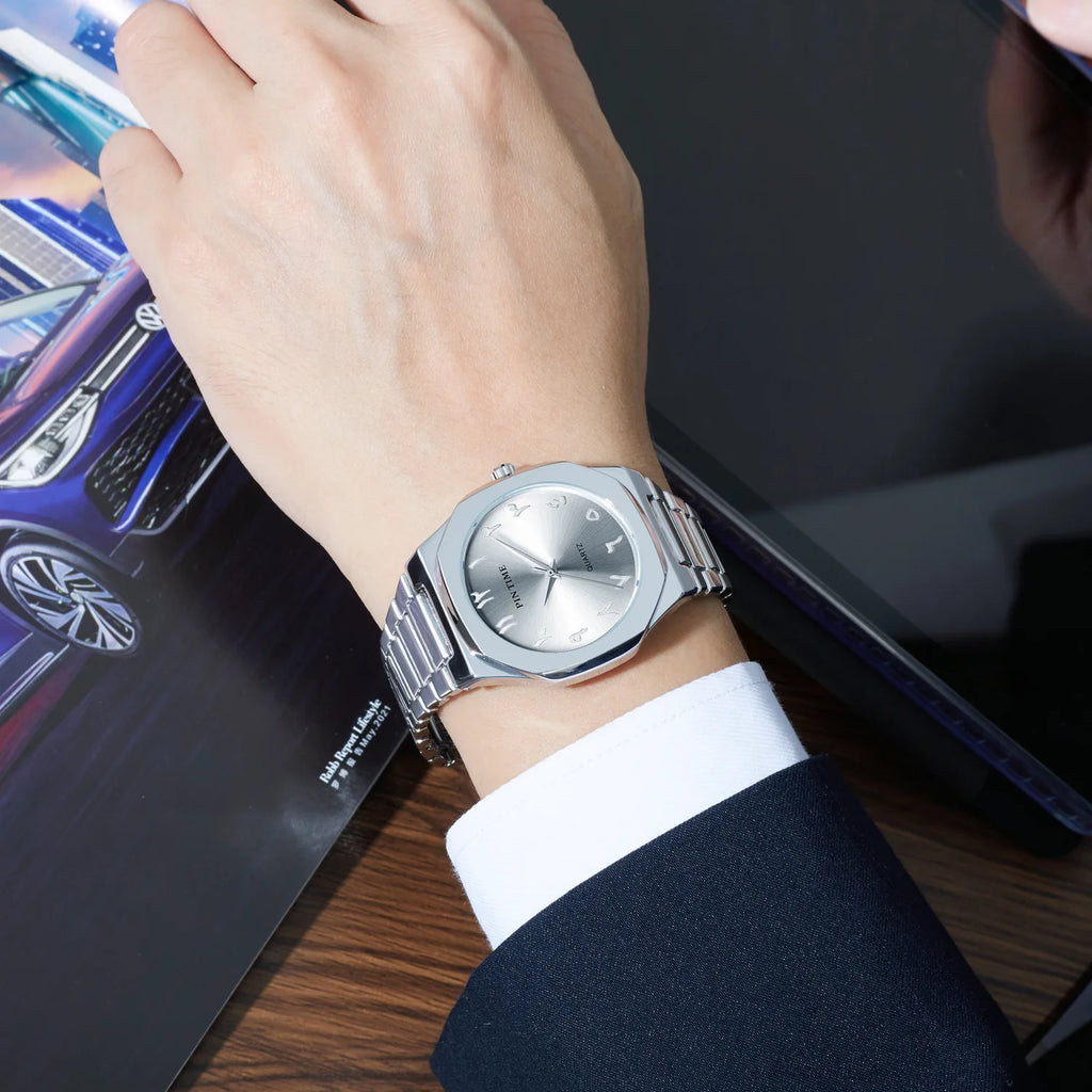 Men's Watch Casual Premium-Looking Alloy Case Water-Resistant Quartz Movement Creative Arabic-Saudi-Style Business Design