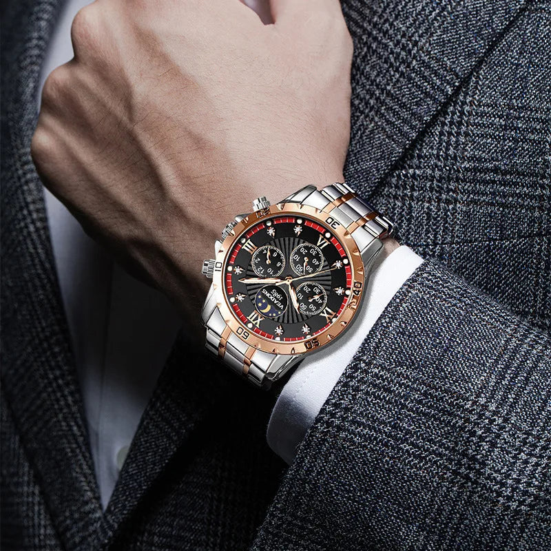 Men's Alloy Multifunctional Quartz Watch Moon Phase Chronograph Luminous Sapphire Crystal Glass 30M Water Resistant