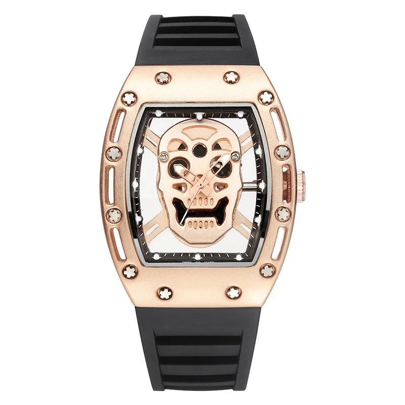 Cross-border New Fashion Skull Hollow-Out Men's Watch Alloy Case 40mm Barrel-Shaped Silicone Quartz Pointer Luminous Wholesale