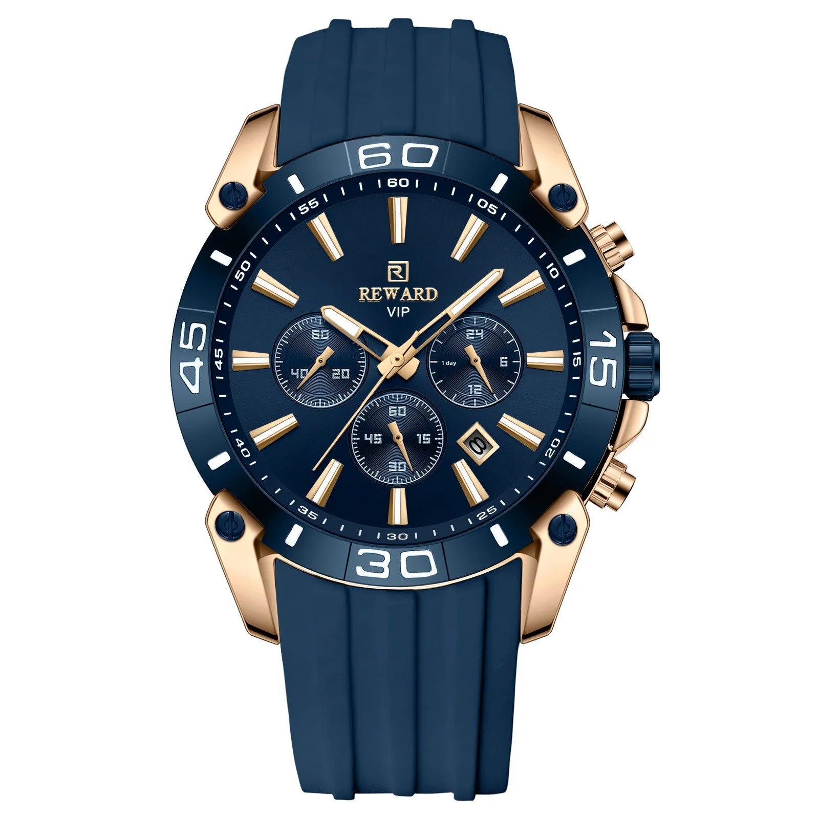 Mens Quartz Chronograph Sports Watch 45mm Dial Silicone Band Alloy Case 12mm Skin-Friendly Three-Subdial Six-Hand Pointer