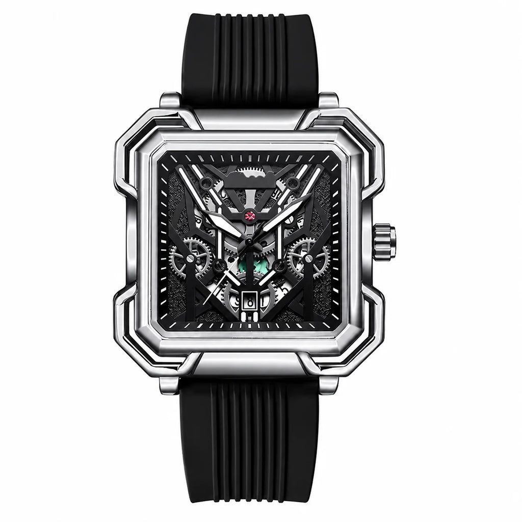 Outdoor Sports Fashion Quartz Luminous Waterproof Alloy Case Silicone Band 42mm Mens Watch Square Hollow-Out Design Cross-Border