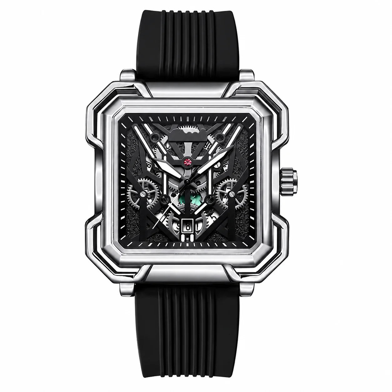 Outdoor Sports Fashion Quartz Luminous Waterproof Alloy Case Silicone Band 42mm Mens Watch Square Hollow-Out Design Cross-Border