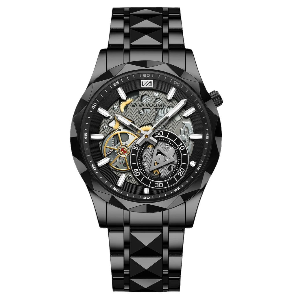 Men's Business Quartz Hollow Alloy Case Stainless Steel Strap Watch with Pointer Dial 30M Water Resistant 41mm Dial
